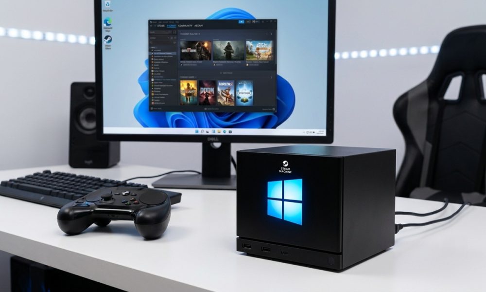 Steam Machine rinde mejor con Windows 11 en varios juegos steam machine windows generada con google gemini AI